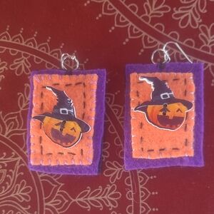Halloween Witch Hat Earrings - Orange and Purple